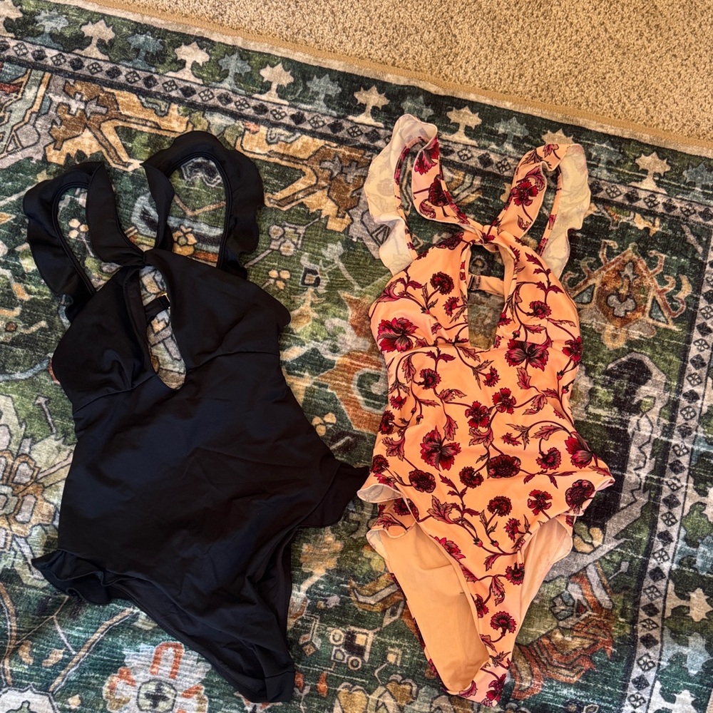 For Love And Lemons Black & Peach Floral One-Piece Swimsuits